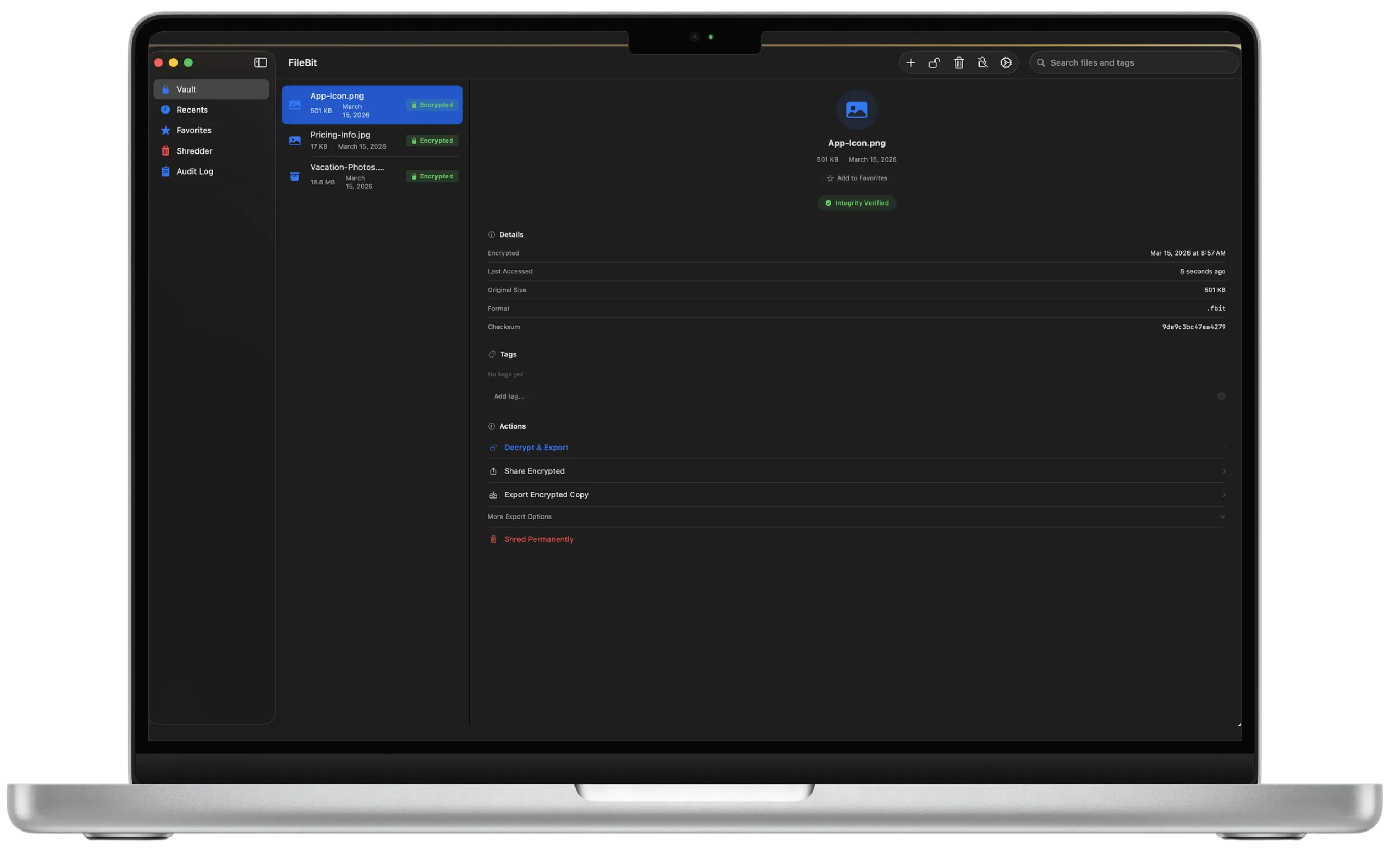FileBit vault showing encrypted files