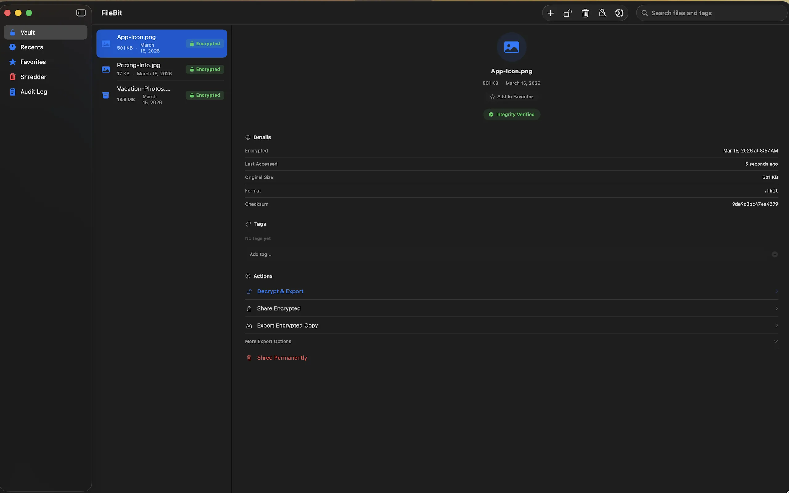 FileBit vault view with file inspector